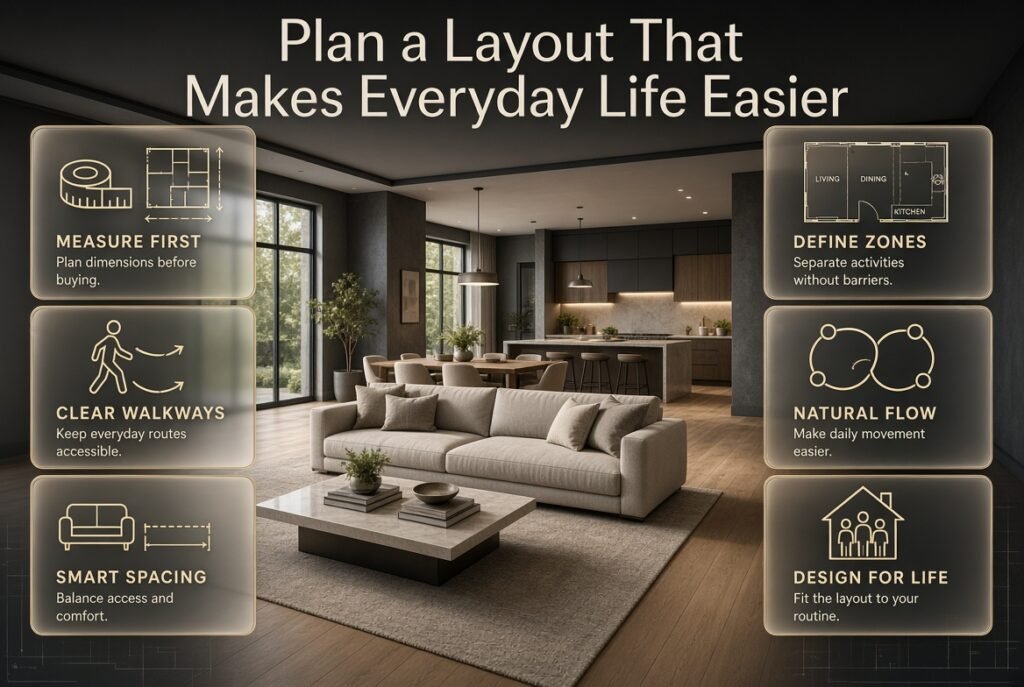 Modern home layout featuring well-spaced furniture, clear walking paths, functional living zones, and practical room arrangements for everyday comfort.
