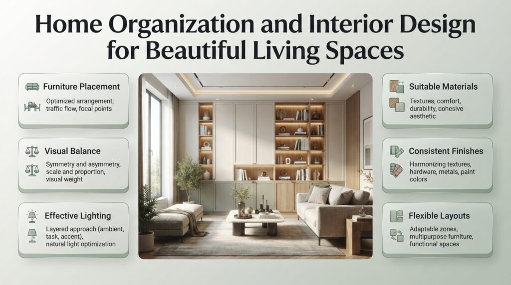 Home organization and interior design featuring balanced furniture placement, built-in storage, coordinated materials, layered lighting, and elegant modern interiors.