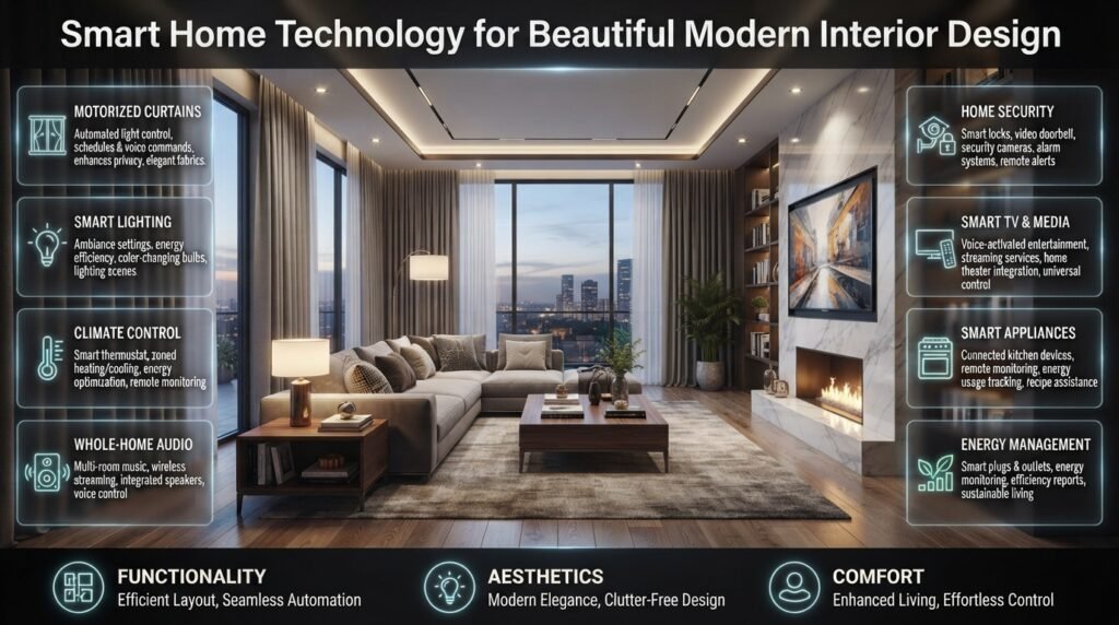 Smart home interior design infographic featuring automated curtains, ambient smart lighting, discreet sensors, coordinated switches, and space-saving technology.