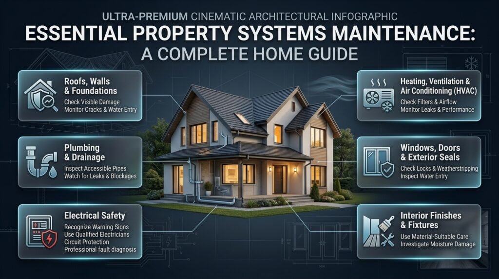 Property systems maintenance infographic featuring roof inspections, plumbing, electrical safety, HVAC servicing, window seals, and interior repairs.