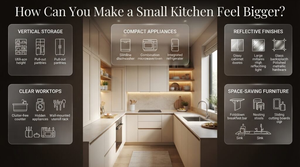 Small kitchen ideas featuring tall cabinets, clear countertops, compact appliances, reflective finishes, and space-saving furniture.