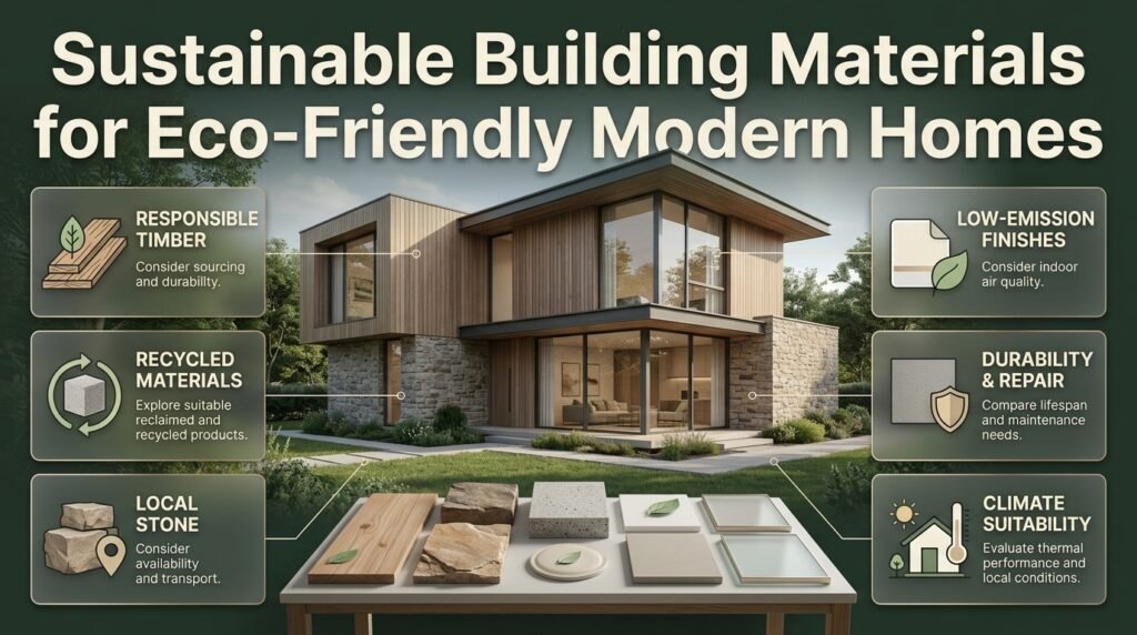 Sustainable building materials including responsibly sourced timber, recycled materials, local stone, and low-emission finishes in a modern home.