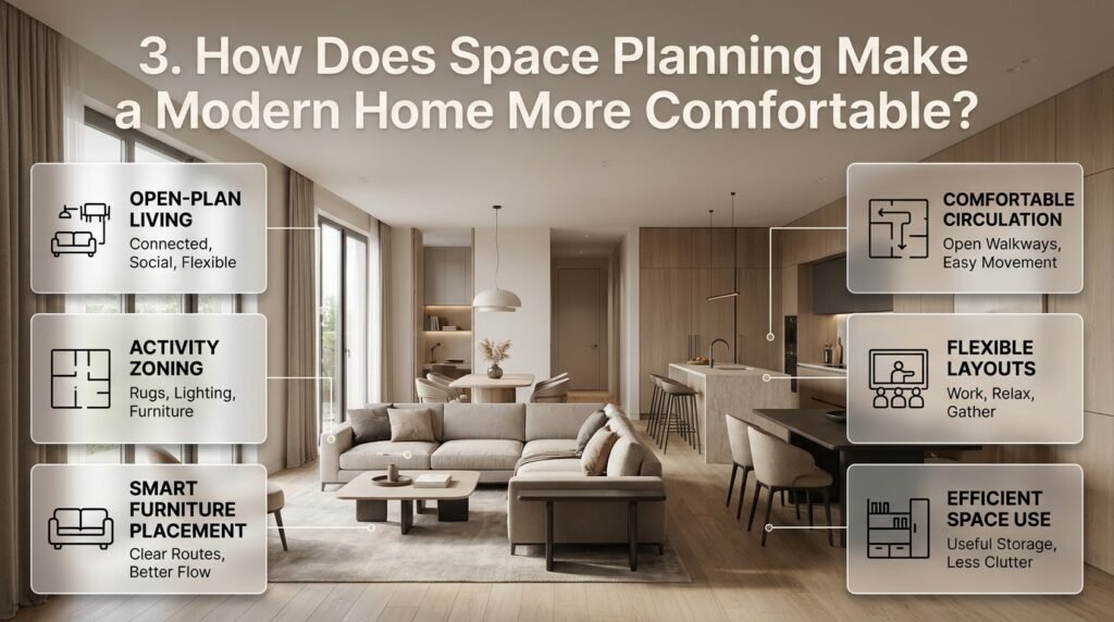 Modern home interior with an open-plan living and dining area, zoned furniture, comfortable circulation paths, and functional contemporary space planning.