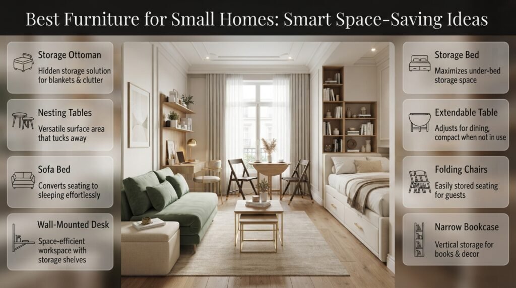 Best furniture for small homes featuring a storage ottoman, nesting tables, sofa bed, wall-mounted desk, storage bed, and extendable dining table.