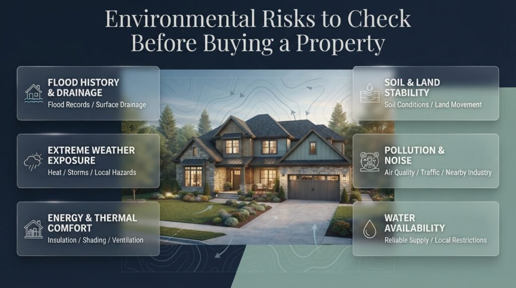 Modern residential property surrounded by landscaped grounds, illustrating environmental risks such as flooding, poor drainage, extreme weather, soil instability, and water scarcity.