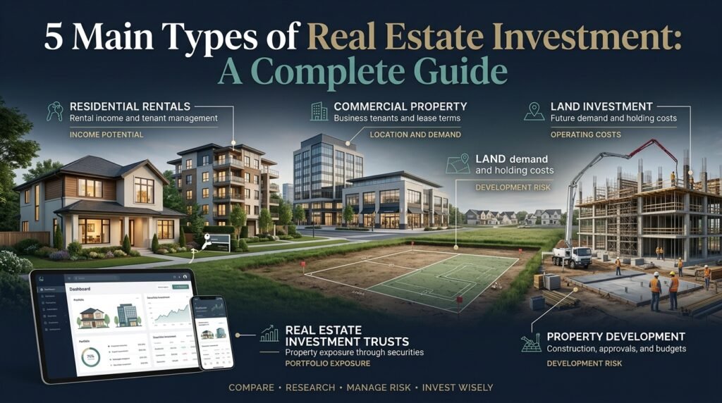 Real estate investment infographic featuring residential rentals, commercial properties, land investment, property development, and real estate investment trusts.