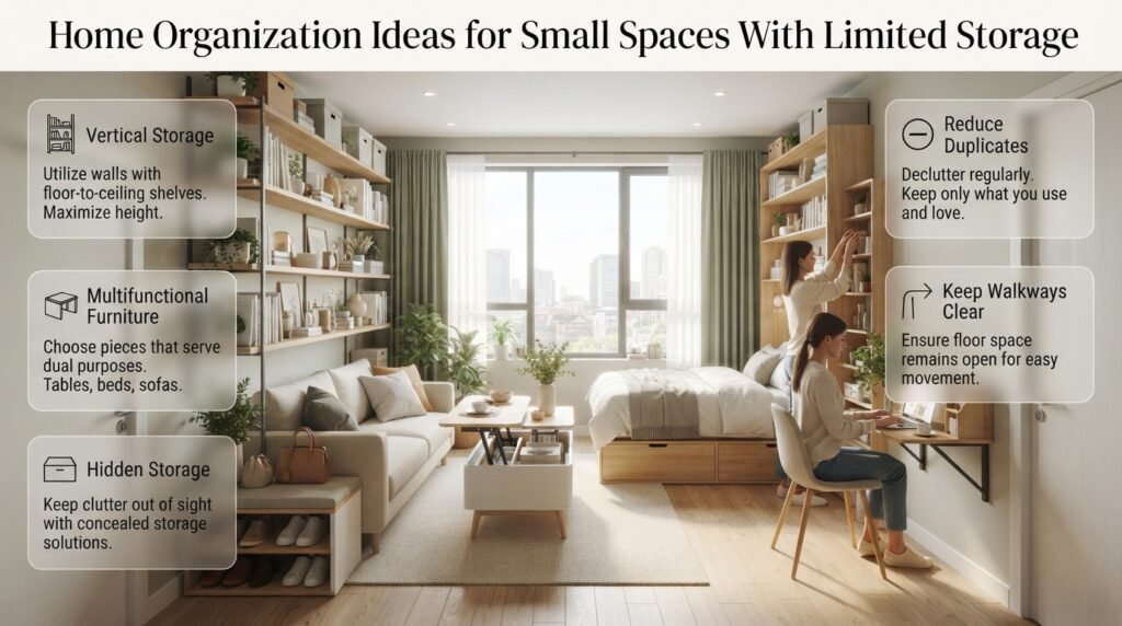 Small space home organization ideas featuring vertical wall shelves, multifunctional furniture, under-bed storage, and clutter-free compact interiors.