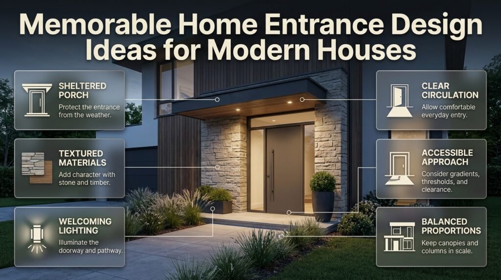 Modern home entrance with a sheltered porch, recessed doorway, textured walls, warm lighting, and a clear, accessible front pathway.