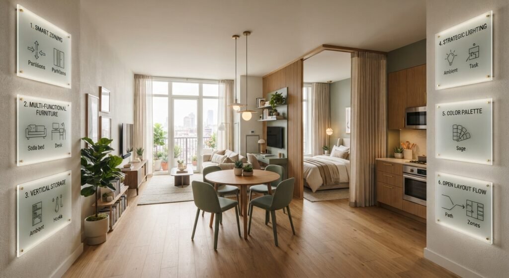 Studio apartment ideas featuring a compact bed, sofa-defined living zone, small dining table, workspace, and smart storage solutions.