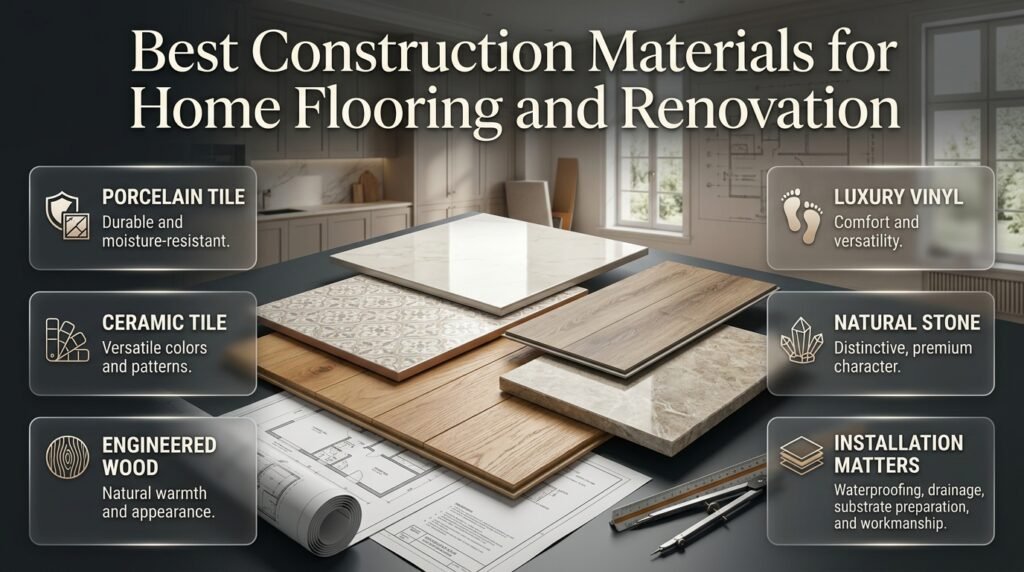 Best construction materials for home flooring, comparing porcelain tile, ceramic tile, engineered wood, luxury vinyl, and natural stone.
