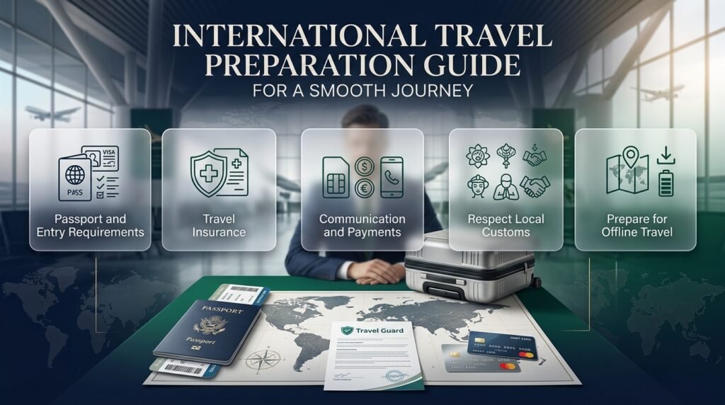 International travel preparation infographic featuring passport and visa checks, travel insurance, communication options, payment methods, local customs, and offline travel documents.