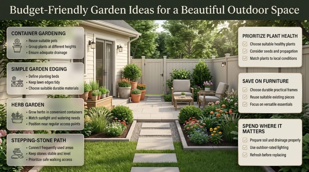 Budget-friendly garden ideas featuring DIY planters, recycled containers, simple stone pathways, healthy greenery, affordable patio seating, and coordinated landscaping.
