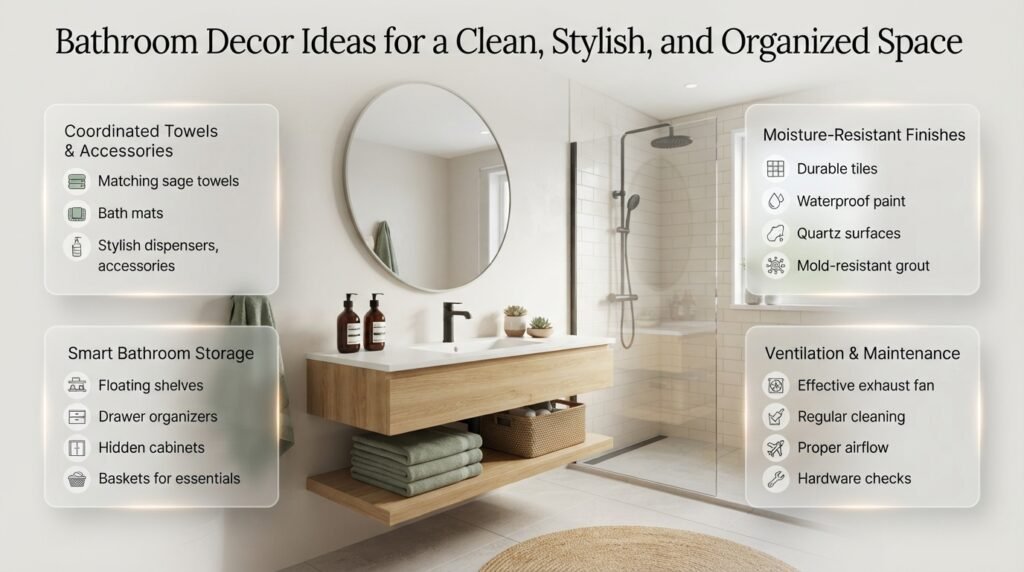 Bathroom decor ideas featuring coordinated towels, moisture-resistant storage, stylish accessories, elegant mirrors, and practical lighting for a clean, organized bathroom.