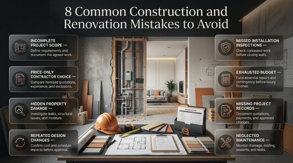 Construction and renovation mistakes to avoid, including poor planning, hidden damage, contractor issues, budget overruns, and missed inspections.