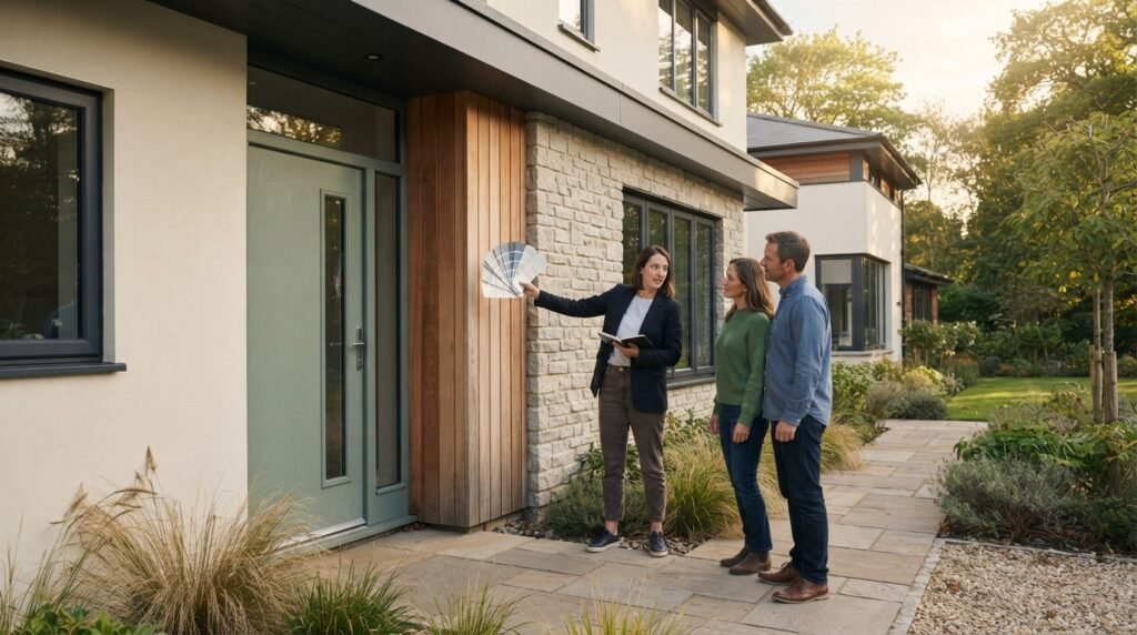 Architect and homeowners comparing warm beige, cool grey, charcoal, muted green, and terracotta exterior paint samples on a contemporary house facade.