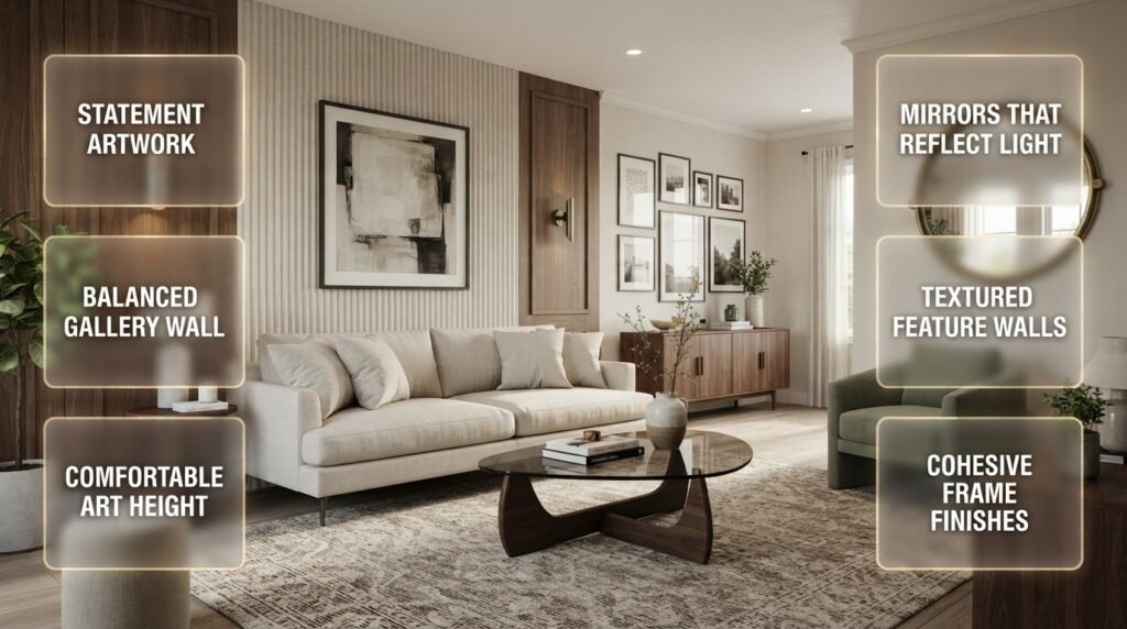 Living room wall decor ideas featuring elegant artwork, a balanced gallery wall, decorative mirrors, textured accent walls, and modern styling.