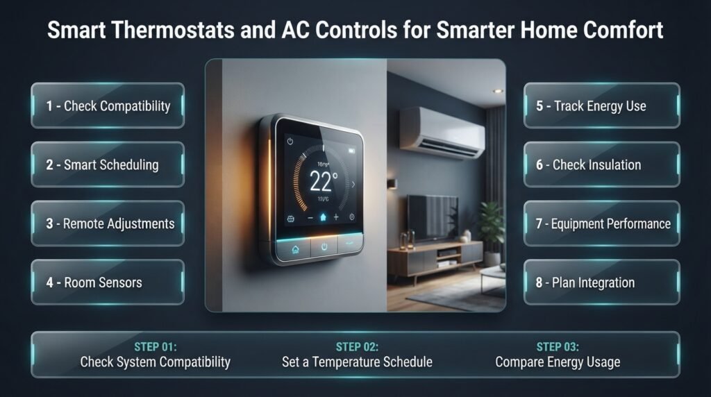 Smart thermostat and air conditioning controls infographic showing temperature scheduling, compatible HVAC systems, room sensors, and energy monitoring.