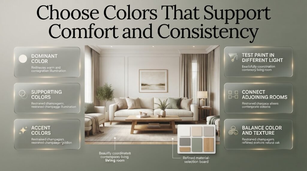 Choose home interior colors with harmonious wall paint, warm neutrals, muted green accents, natural wood, and coordinated furniture and textiles.