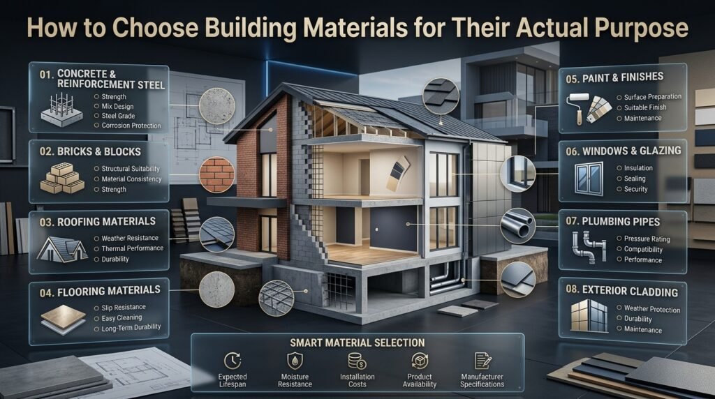 Building material selection featuring concrete, steel, bricks, roofing, flooring, paint, windows, pipes, and exterior cladding.
