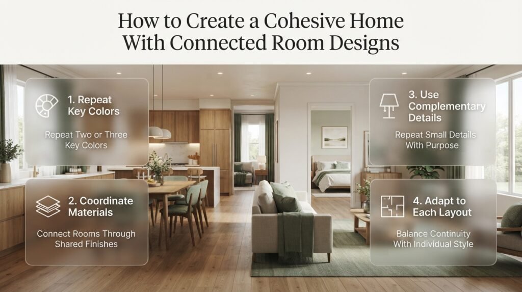 Cohesive home interior design featuring coordinated colors, matching wood finishes, muted green accents, and complementary decor across connected living spaces.