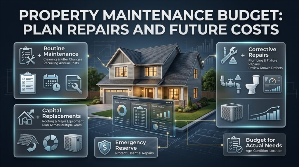 Property maintenance budget infographic showing routine upkeep, corrective repairs, capital replacements, emergency reserves, and future repair planning.