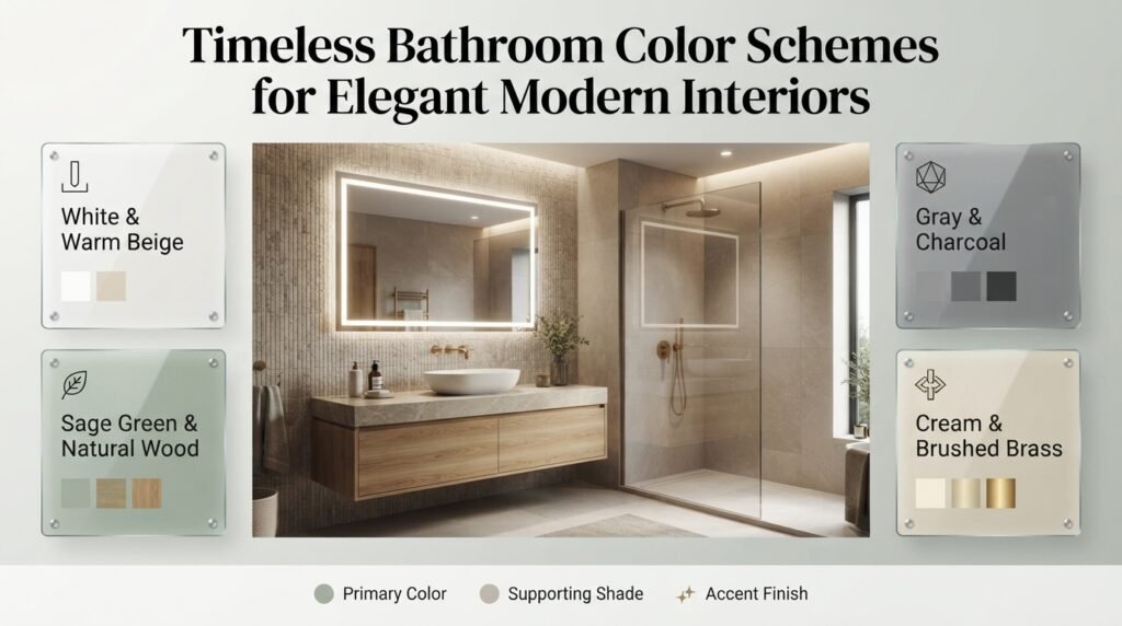 Timeless bathroom color schemes featuring white and beige, sage green and wood, gray and charcoal, and cream with brushed brass finishes.