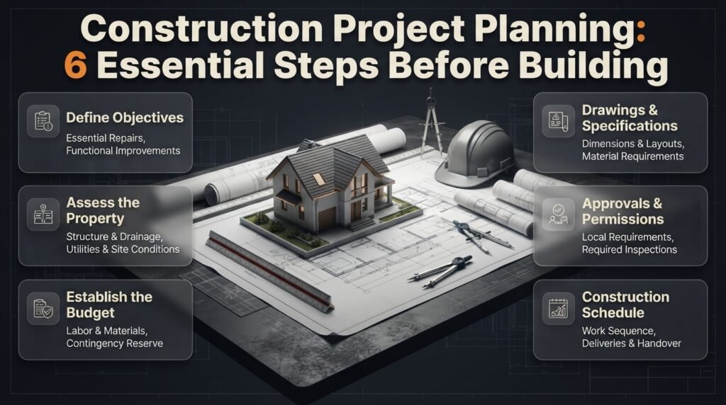 Construction project planning infographic showing property assessment, budgeting, architectural drawings, building approvals, and renovation scheduling.