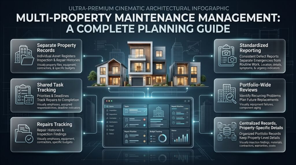 Multi-property maintenance management infographic showing property records, task tracking, contractor coordination, repair priorities, and budget planning.