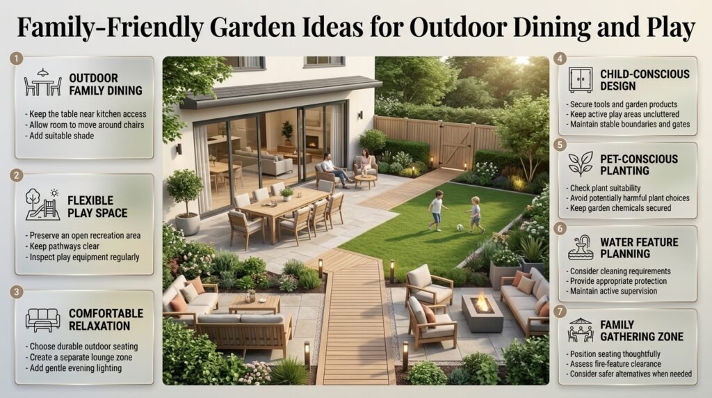 Family-friendly garden ideas featuring an outdoor dining table, comfortable patio seating, an open children's play area, pet-friendly landscaping, and warm garden lighting.