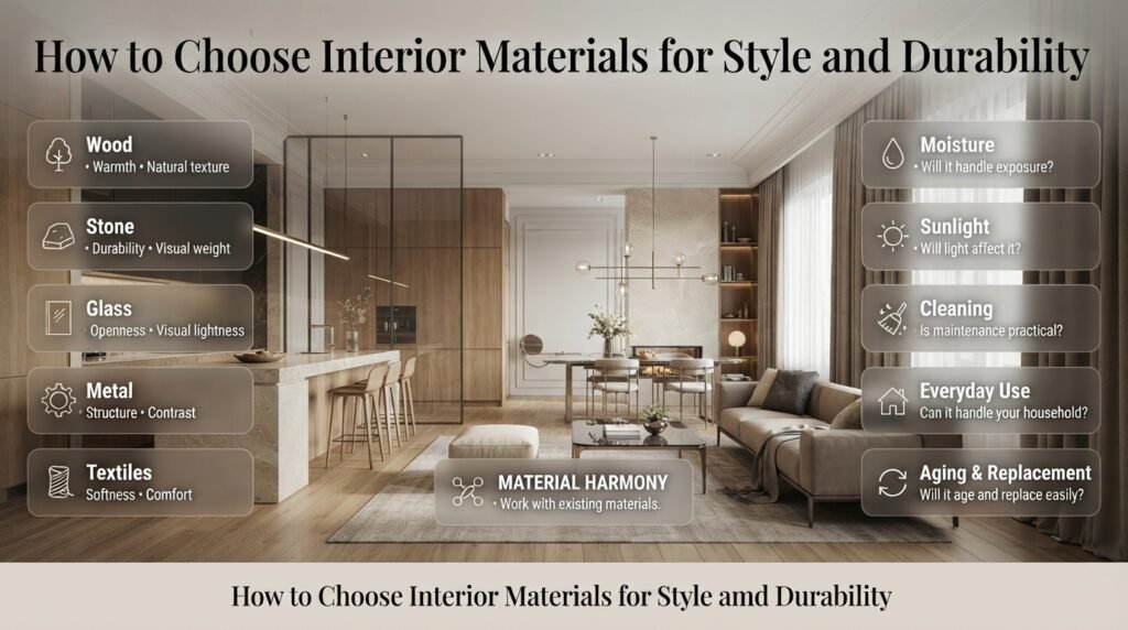 Interior materials guide showing wood, stone, glass, metal, and textiles selected for durability, comfort, maintenance, and visual harmony.