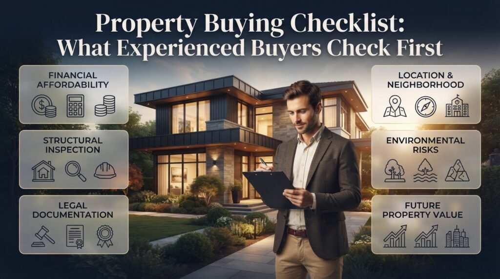 Experienced property buyer inspecting a modern home with a checklist covering finances, structural condition, legal documents, location, and future resale potential.