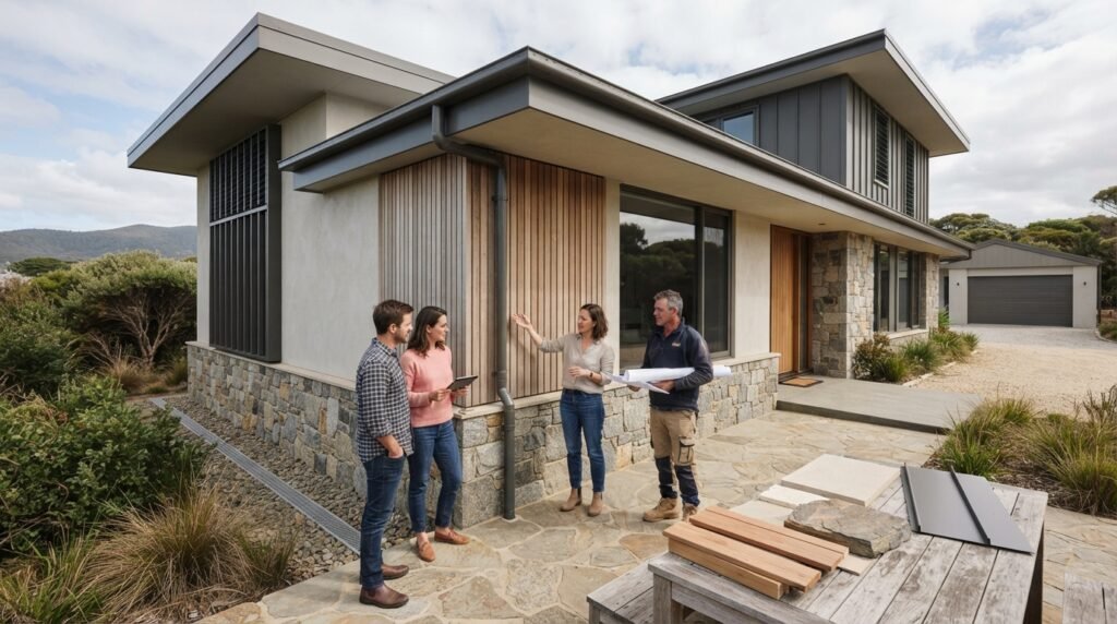 Architect and homeowners inspecting weather-resistant facade materials on a modern house with sun-shading, moisture protection, and durable exterior finishes.
