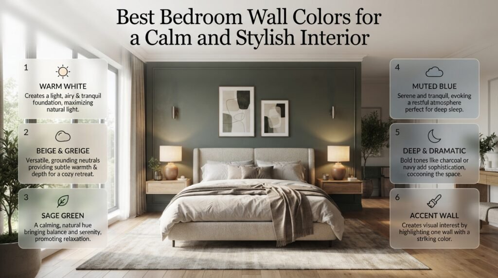 Best bedroom wall colors featuring warm white, beige, greige, sage green, muted blue, and deep navy paint in a stylish modern bedroom.