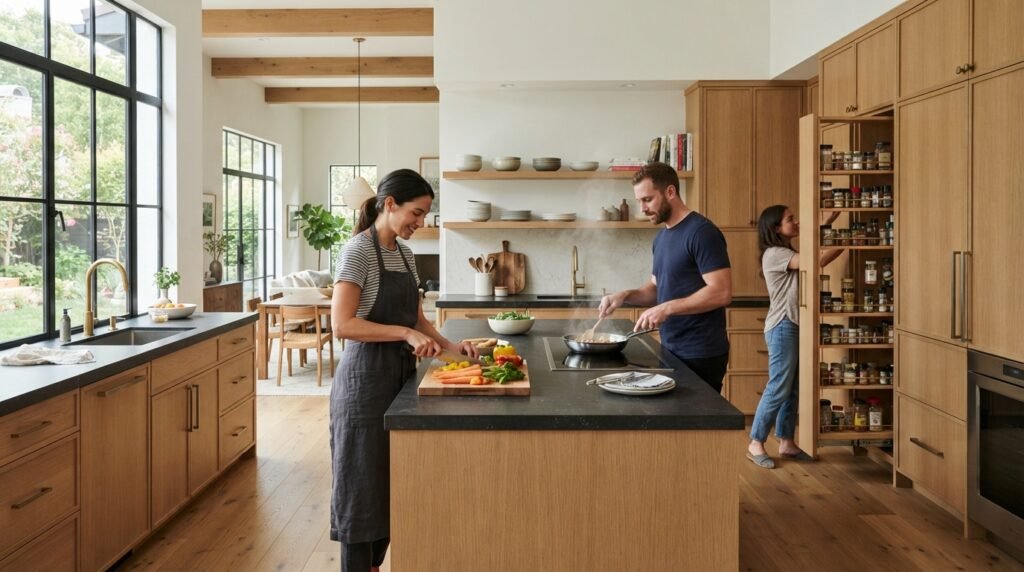 Homeowners preparing food in a modern kitchen with organized cabinets, durable countertops, a practical island, and layered task lighting.