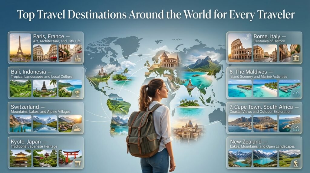 Top travel destinations around the world featuring Paris, Bali, Switzerland, Kyoto, Rome, the Maldives, Cape Town, and New Zealand with iconic landmarks, beaches, mountains, and cultural attractions.