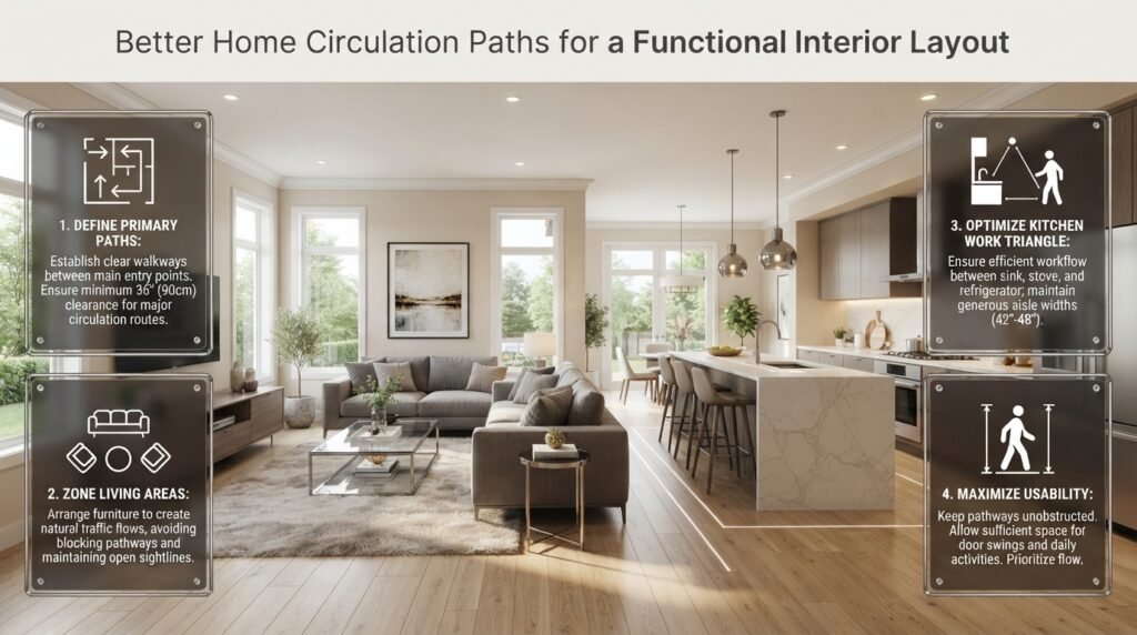 Better home circulation paths with clear walkways, smart furniture placement, and functional living spaces for comfortable everyday movement.