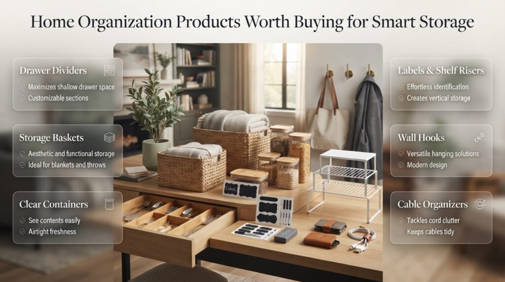 Home organization products worth buying, including drawer dividers, storage baskets, clear containers, labels, shelf risers, wall hooks, and cable organizers.