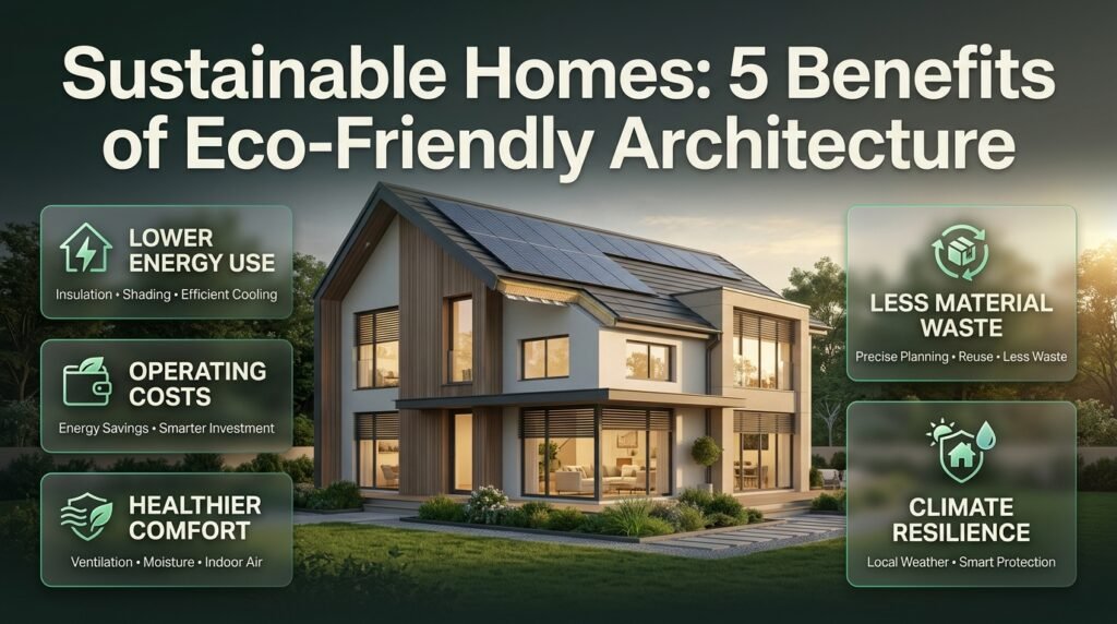 Sustainable homes infographic showing energy efficiency, lower operating costs, healthier interiors, reduced material waste, and climate resilience.