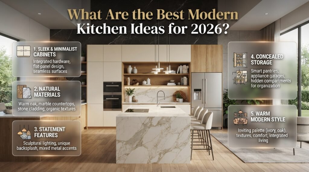 Modern kitchen ideas for 2026 featuring sleek cabinets, natural wood, stone countertops, statement backsplashes, and concealed storage.