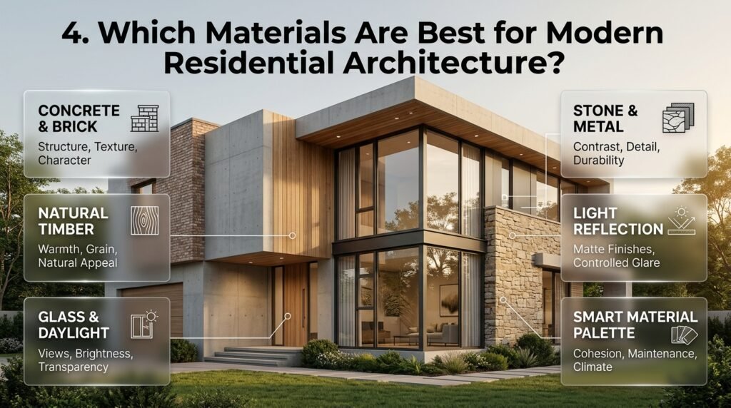 Modern residential architecture combining concrete, natural timber, glass, stone, brick, and metal for a sophisticated contemporary home exterior.