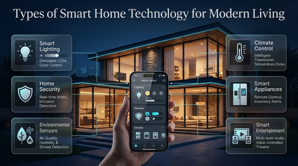 Smart home technology infographic showcasing smart lighting, home security, climate control, connected appliances, entertainment systems, and environmental monitoring sensors.