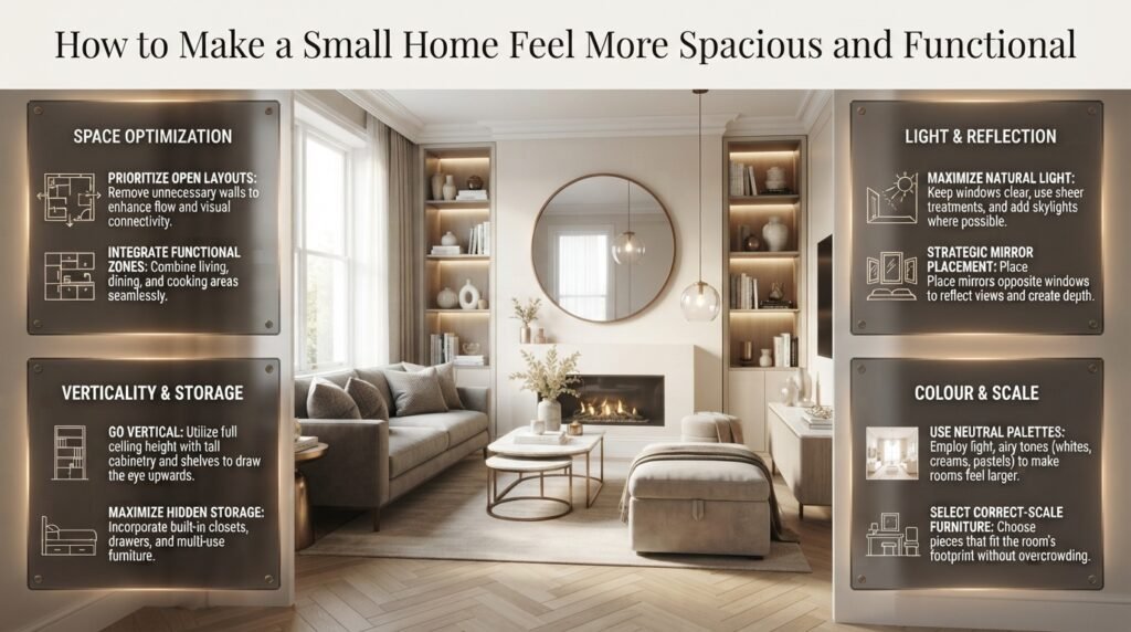 Small home interior with space-saving furniture, vertical storage, natural light, mirrors, and a functional layout that feels spacious.