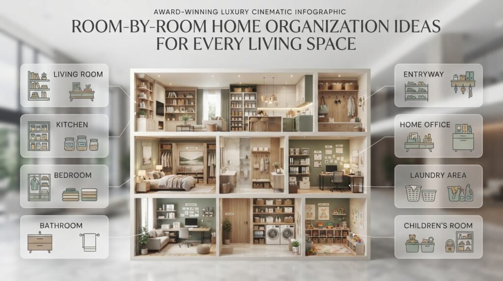 Room-by-room home organization ideas featuring tidy living rooms, organized kitchens, neat bedrooms, bathroom storage, and functional home offices.
