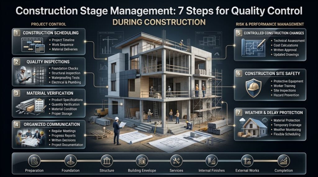 Construction management infographic showing project scheduling, quality inspections, material checks, communication, cost control, site safety, and weather protection.