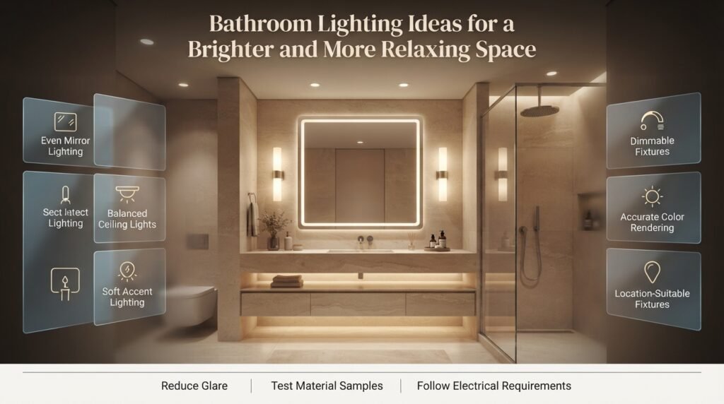 Bathroom lighting ideas featuring illuminated mirrors, balanced ceiling lights, warm accent lighting, dimmable fixtures, and modern vanity illumination.