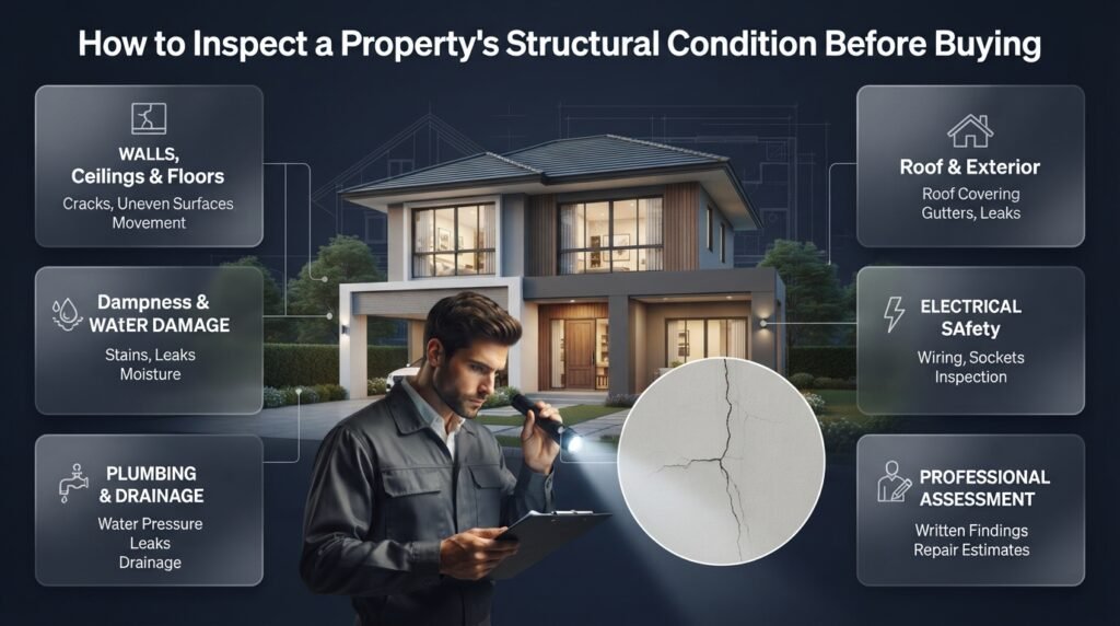 Professional property inspection showing a modern home, structural wall checks, dampness assessment, plumbing, electrical safety, and roof condition before purchase.