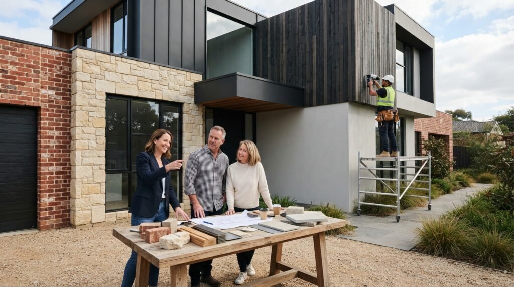 Architect and homeowners comparing brick, natural stone, timber, metal, fiber cement, and render finishes outside a modern residential property.