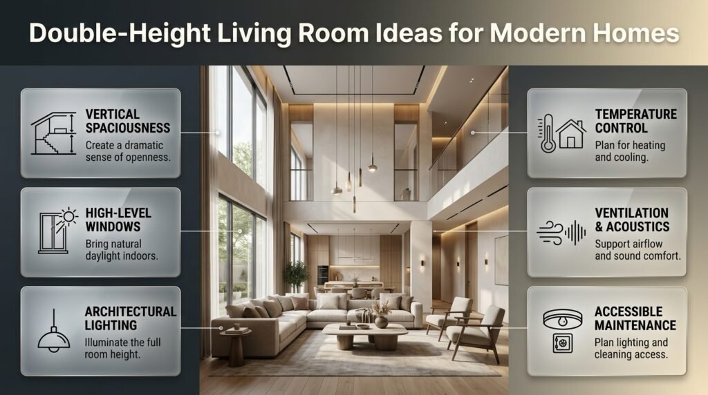 Double-height living room featuring soaring ceilings, high windows, natural daylight, modern furniture, and thoughtful lighting and ventilation.