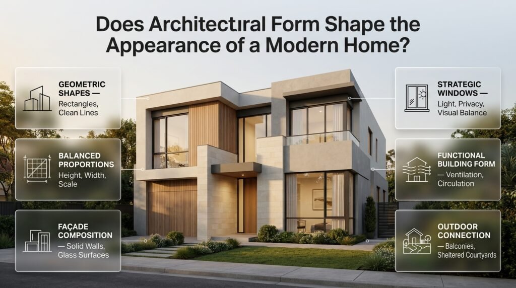 Modern two-storey home showcasing geometric architectural forms, balanced proportions, recessed entrances, large windows, and contemporary façade design.