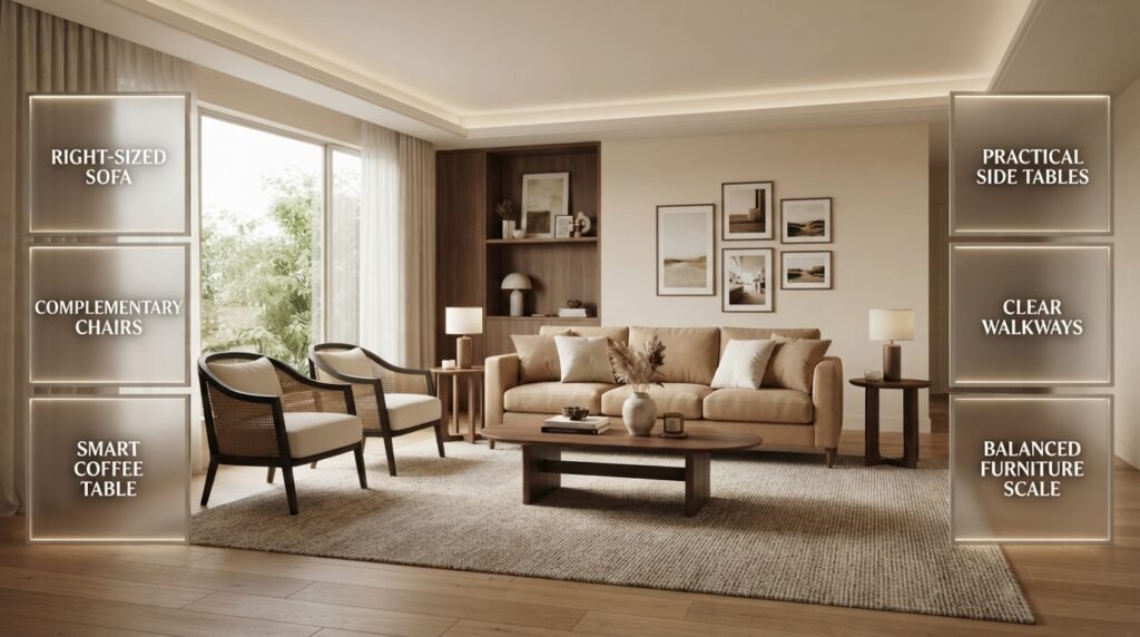Living room furniture ideas featuring a proportionate sofa, accent chairs, a stylish coffee table, practical side tables, and balanced seating.
